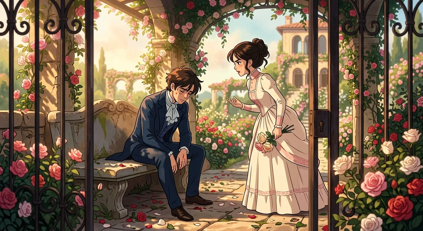 Roses, Thorns, and Drifting Hearts illustration