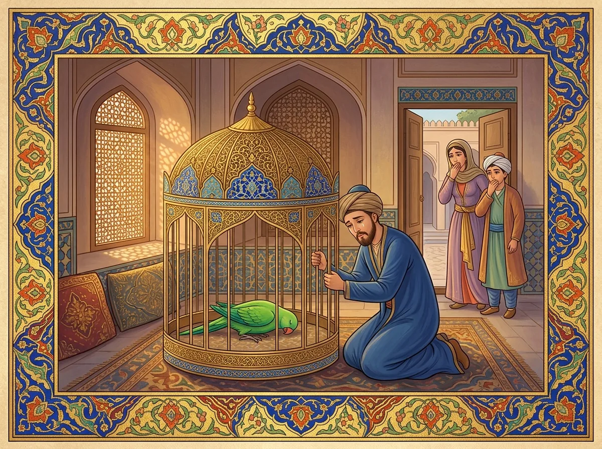 Inside the gold cage: the parrot lies on its side, merchant collapsed at the bars