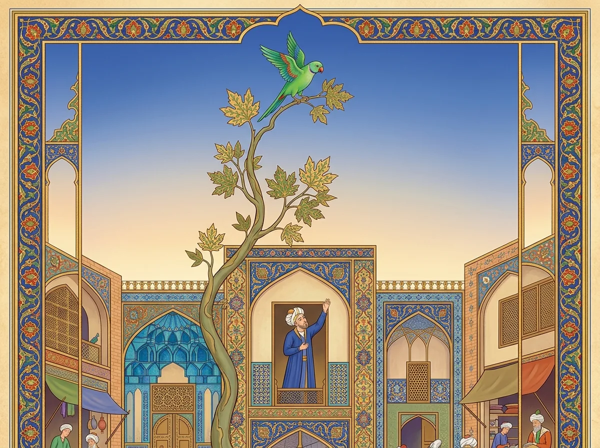 The freed parrot perched in a high plane-tree branch, the merchant watching from his window